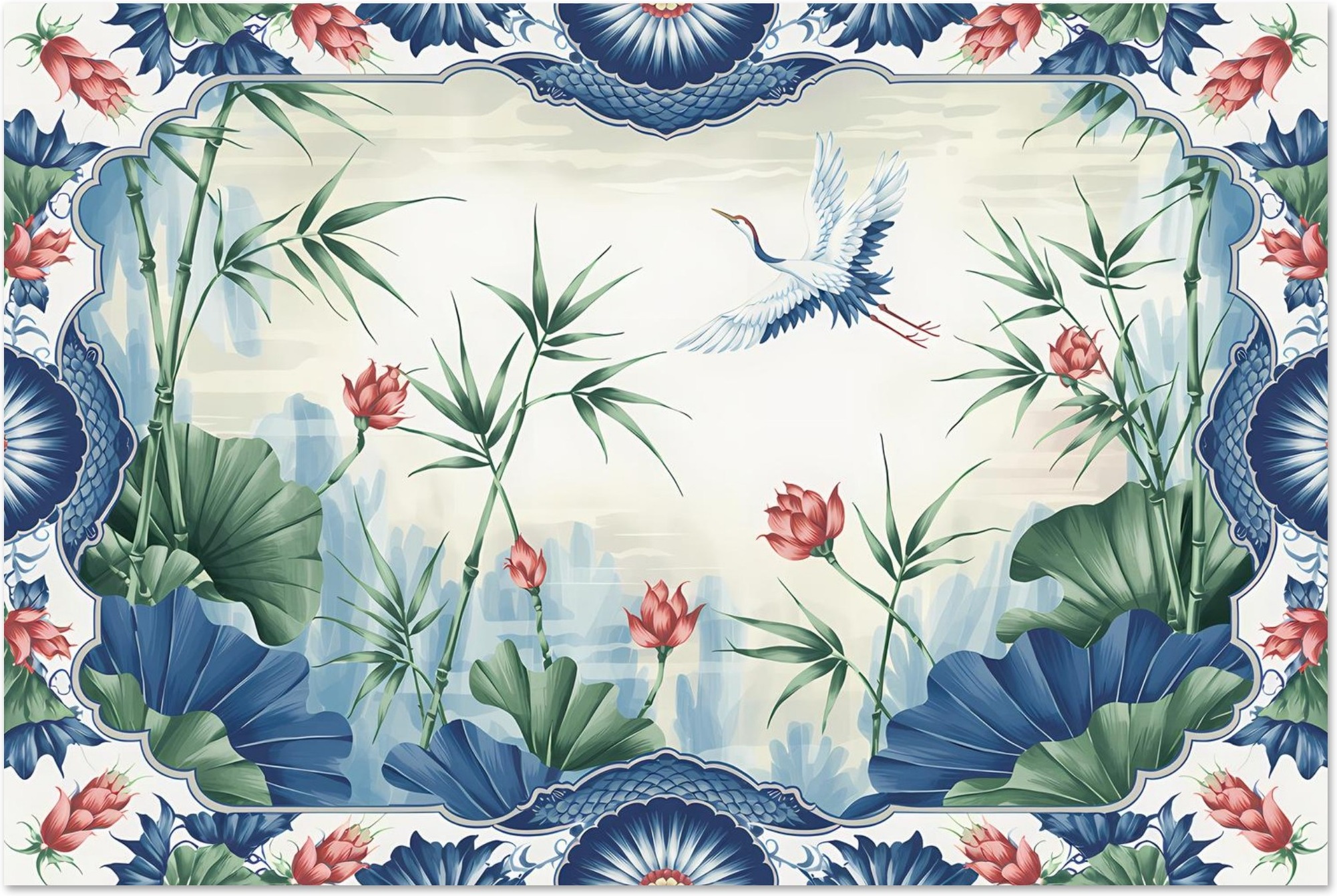 Chinoiserie Blue Serene Crane art print
