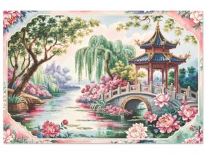 Chinoiserie Art - Temple by Bridge and River